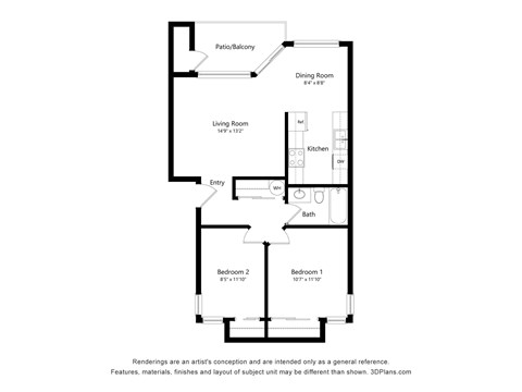 Floor plan for 2 beds, 1 bath